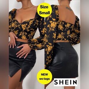 3/for $15 🍒 SHEIN Crop Black & Gold Floral w/ Lantern Sleeves 🖤 (Size Small)